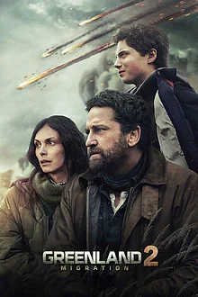 Greenland 2: Migration — a family silhouetted against a burning horizon on the Greenland 2: Migration poster.