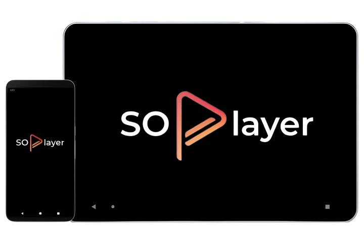 A tablet and a phone side by side, both showing the SoPlayer app splash screen.