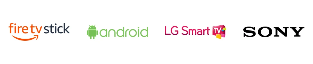 The platforms SoPlayer runs on, shown by their own marks: Amazon Fire TV Stick, Android, LG Smart TV and Sony.