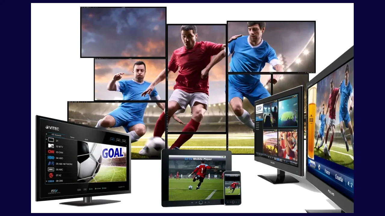 The SoPlayer line-up running at once across a wall of televisions, a tablet and a phone, every screen carrying the same live football match.