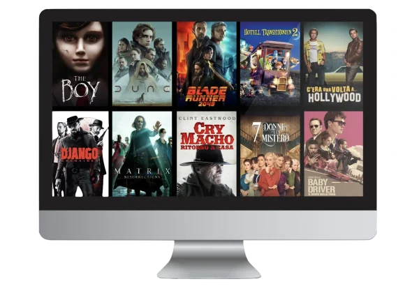 A desktop monitor showing the SoPlayer on-demand grid, ten film posters laid out in two rows.